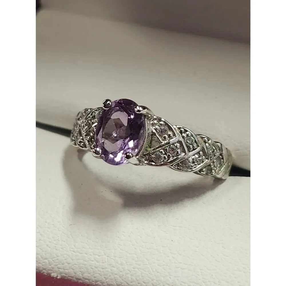 Silver Plated Amethyst Ring with Pavé Accents - Purple Size 6